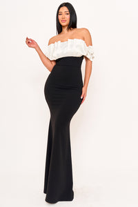 SATIN RUFFLE AND TECHNO CREPE CONTRAST MAXI DRESS