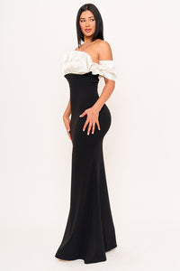 SATIN RUFFLE AND TECHNO CREPE CONTRAST MAXI DRESS