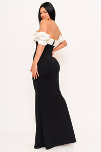 SATIN RUFFLE AND TECHNO CREPE CONTRAST MAXI DRESS