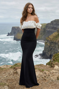 SATIN RUFFLE AND TECHNO CREPE CONTRAST MAXI DRESS