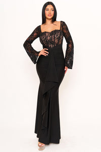 SATIN AND LACE FABRIC CONTRAST MAXI DRESS