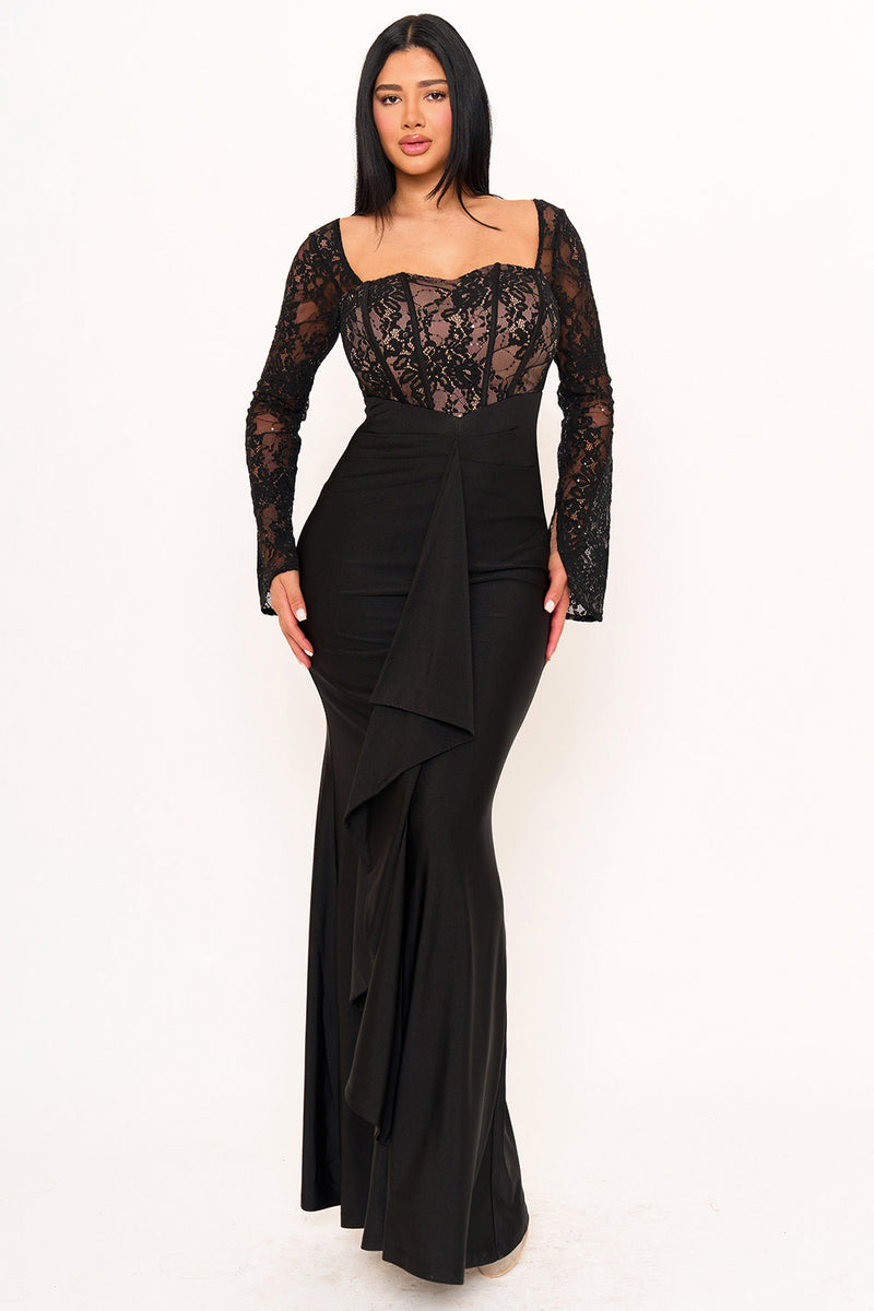 SATIN AND LACE FABRIC CONTRAST MAXI DRESS