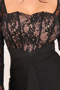 SATIN AND LACE FABRIC CONTRAST MAXI DRESS