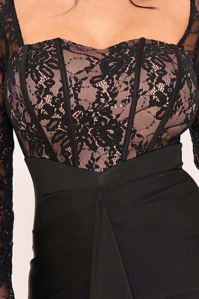 SATIN AND LACE FABRIC CONTRAST MAXI DRESS