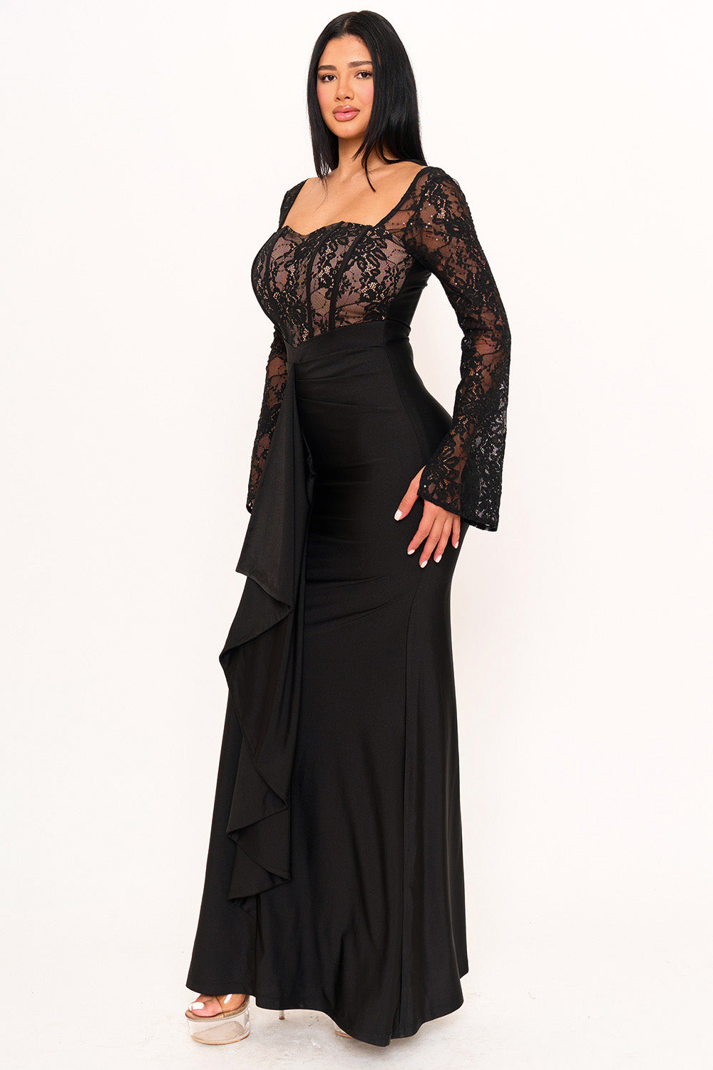 SATIN AND LACE FABRIC CONTRAST MAXI DRESS