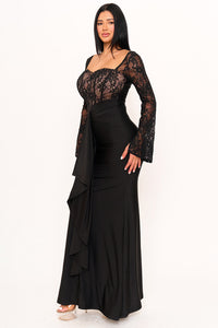 SATIN AND LACE FABRIC CONTRAST MAXI DRESS
