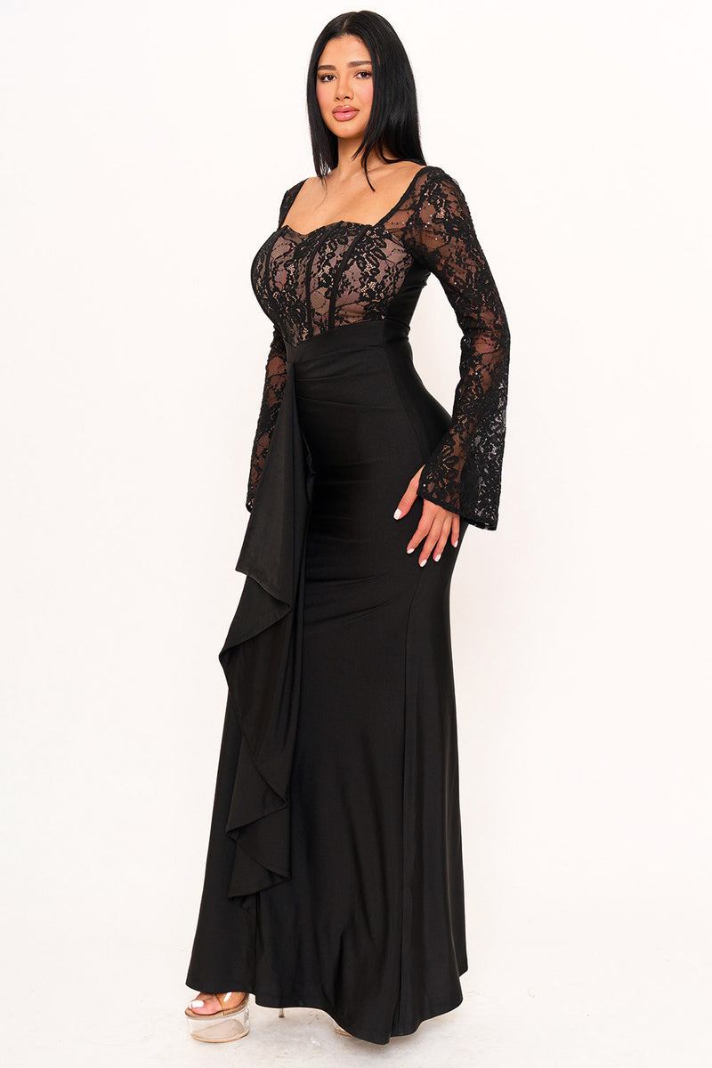 SATIN AND LACE FABRIC CONTRAST MAXI DRESS