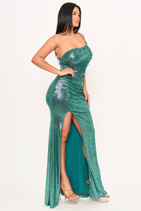 FAUX PEARL BEADED ON FOIL MAXI DRESS
