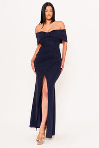 GLITTER BOW FRONT OFF THE SHOULDER MAXI DRESS