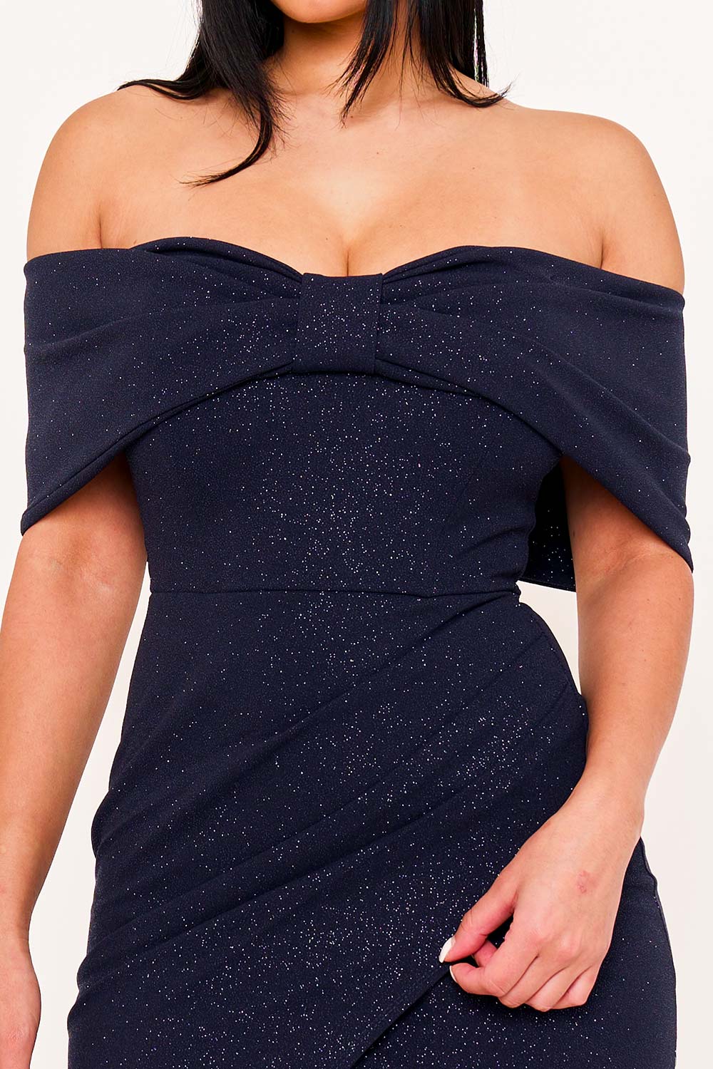 GLITTER BOW FRONT OFF THE SHOULDER MAXI DRESS