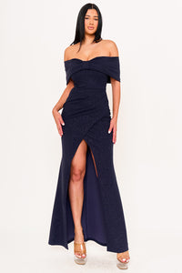 GLITTER BOW FRONT OFF THE SHOULDER MAXI DRESS