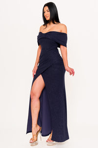 GLITTER BOW FRONT OFF THE SHOULDER MAXI DRESS
