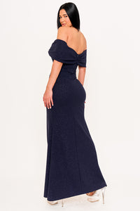 GLITTER BOW FRONT OFF THE SHOULDER MAXI DRESS