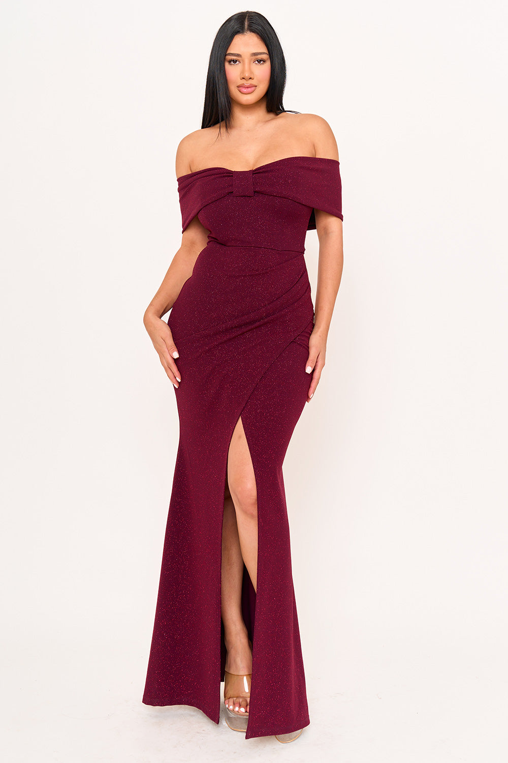 GLITTER BOW FRONT OFF THE SHOULDER MAXI DRESS