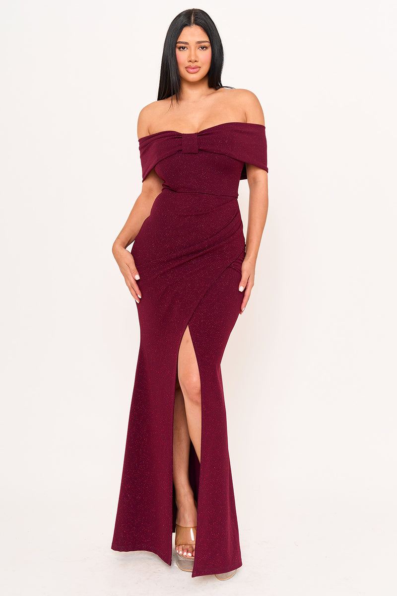 GLITTER BOW FRONT OFF THE SHOULDER MAXI DRESS