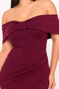GLITTER BOW FRONT OFF THE SHOULDER MAXI DRESS