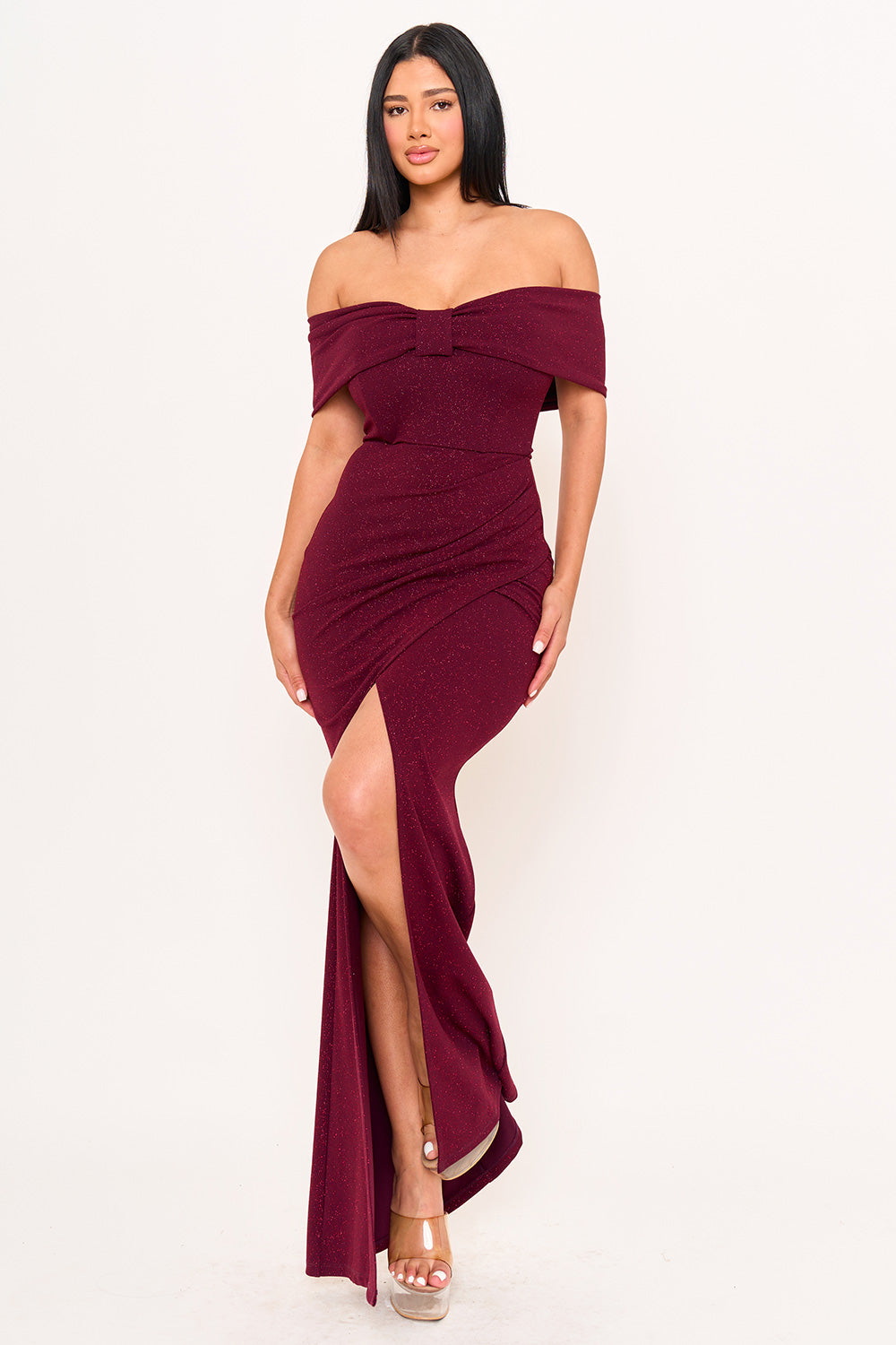 GLITTER BOW FRONT OFF THE SHOULDER MAXI DRESS