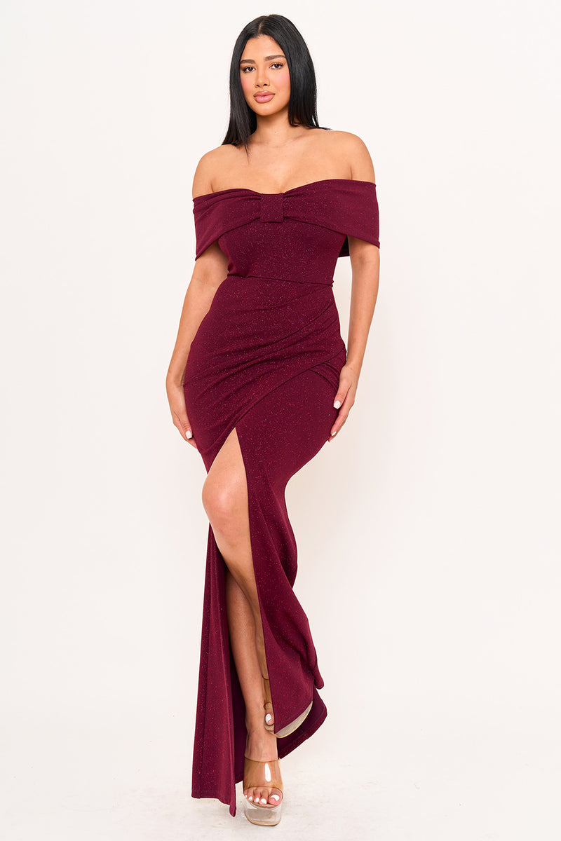 GLITTER BOW FRONT OFF THE SHOULDER MAXI DRESS