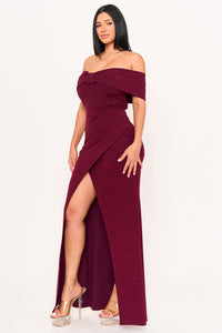 GLITTER BOW FRONT OFF THE SHOULDER MAXI DRESS