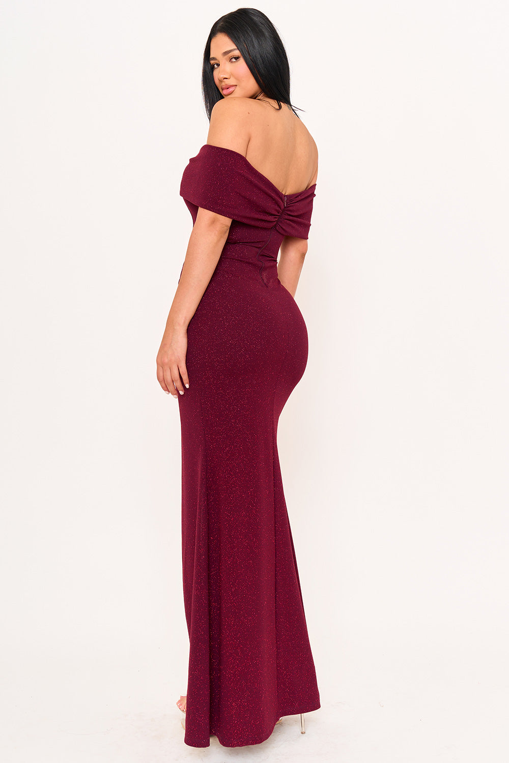 GLITTER BOW FRONT OFF THE SHOULDER MAXI DRESS