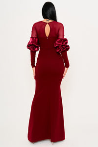 PEARLS ON MESH WITH PUFF SLEEVE MAXI DRESS