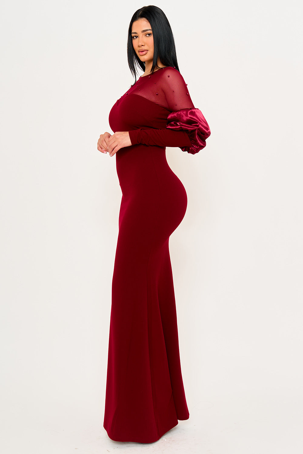 PEARLS ON MESH WITH PUFF SLEEVE MAXI DRESS