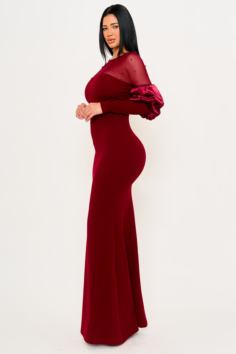 PEARLS ON MESH WITH PUFF SLEEVE MAXI DRESS