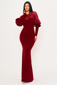 PEARLS ON MESH WITH PUFF SLEEVE MAXI DRESS