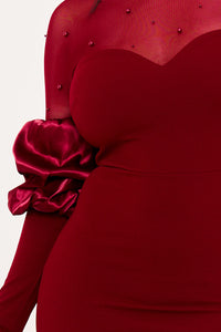 PEARLS ON MESH WITH PUFF SLEEVE MAXI DRESS