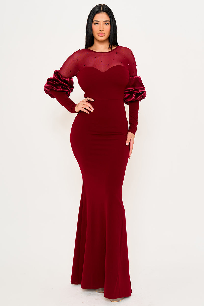 PEARLS ON MESH WITH PUFF SLEEVE MAXI DRESS