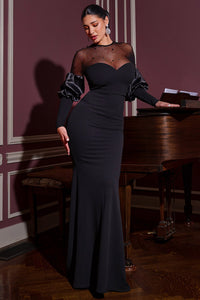 PEARLS ON MESH WITH PUFF SLEEVE MAXI DRESS