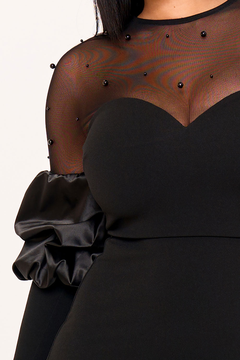 PEARLS ON MESH WITH PUFF SLEEVE MAXI DRESS