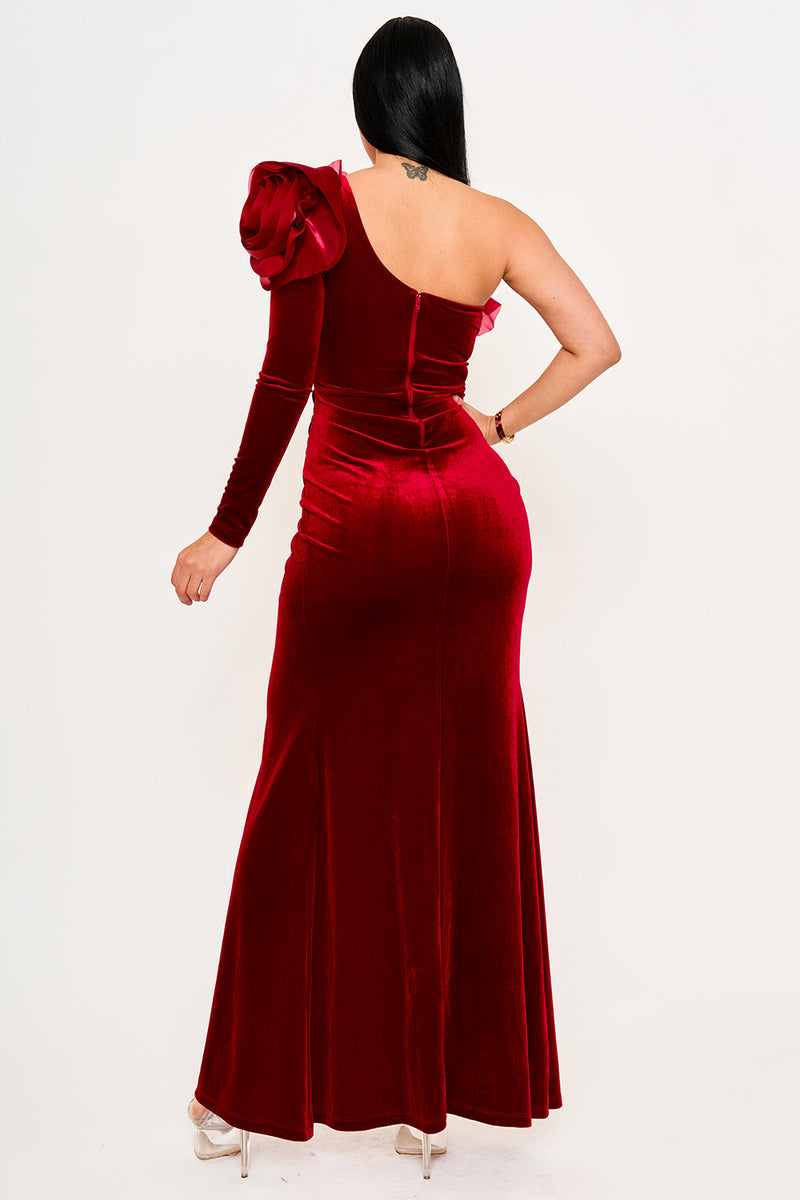 MESH RUFFLE ON VELVET ONE SHOULDER MAXI DRESS