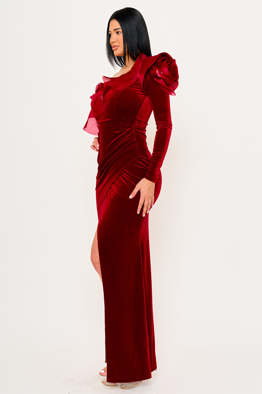 MESH RUFFLE ON VELVET ONE SHOULDER MAXI DRESS