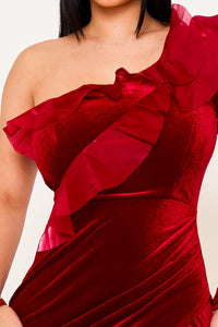 MESH RUFFLE ON VELVET ONE SHOULDER MAXI DRESS