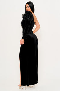MESH RUFFLE ON VELVET ONE SHOULDER MAXI DRESS