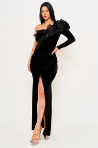 MESH RUFFLE ON VELVET ONE SHOULDER MAXI DRESS