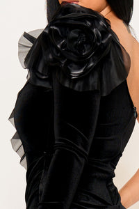 MESH RUFFLE ON VELVET ONE SHOULDER MAXI DRESS