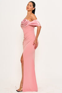 ROLLED UP FLOWER DETAIL OFF THE SHOULDER MAXI DRESS