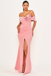 ROLLED UP FLOWER DETAIL OFF THE SHOULDER MAXI DRESS