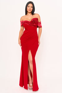 ROLLED UP FLOWER DETAIL OFF THE SHOULDER MAXI DRESS