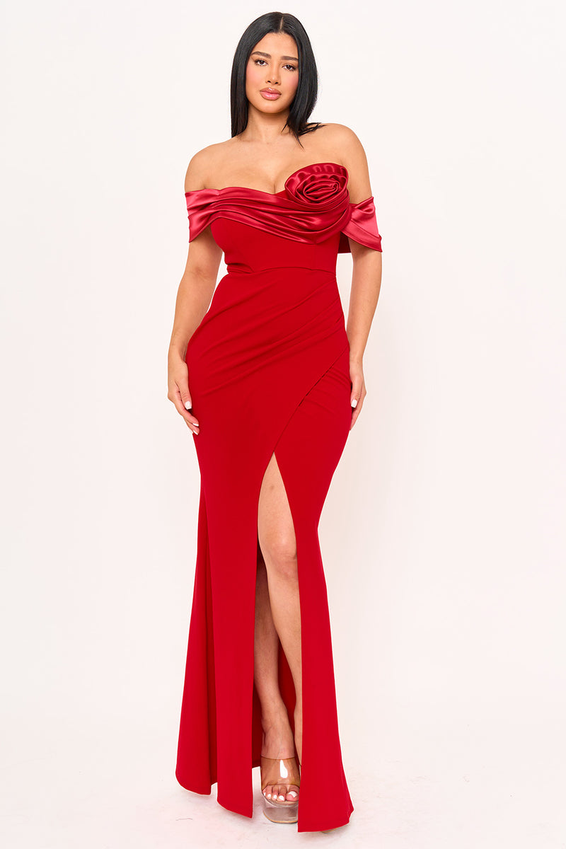 ROLLED UP FLOWER DETAIL OFF THE SHOULDER MAXI DRESS