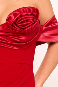 ROLLED UP FLOWER DETAIL OFF THE SHOULDER MAXI DRESS