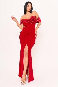 ROLLED UP FLOWER DETAIL OFF THE SHOULDER MAXI DRESS