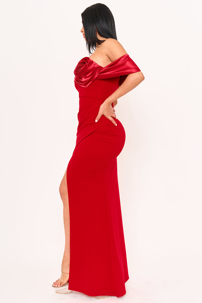 ROLLED UP FLOWER DETAIL OFF THE SHOULDER MAXI DRESS