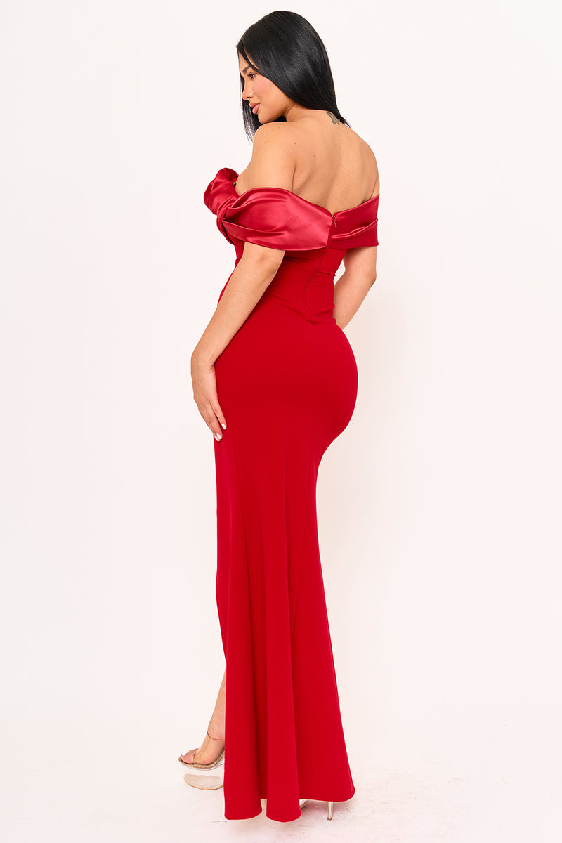 ROLLED UP FLOWER DETAIL OFF THE SHOULDER MAXI DRESS