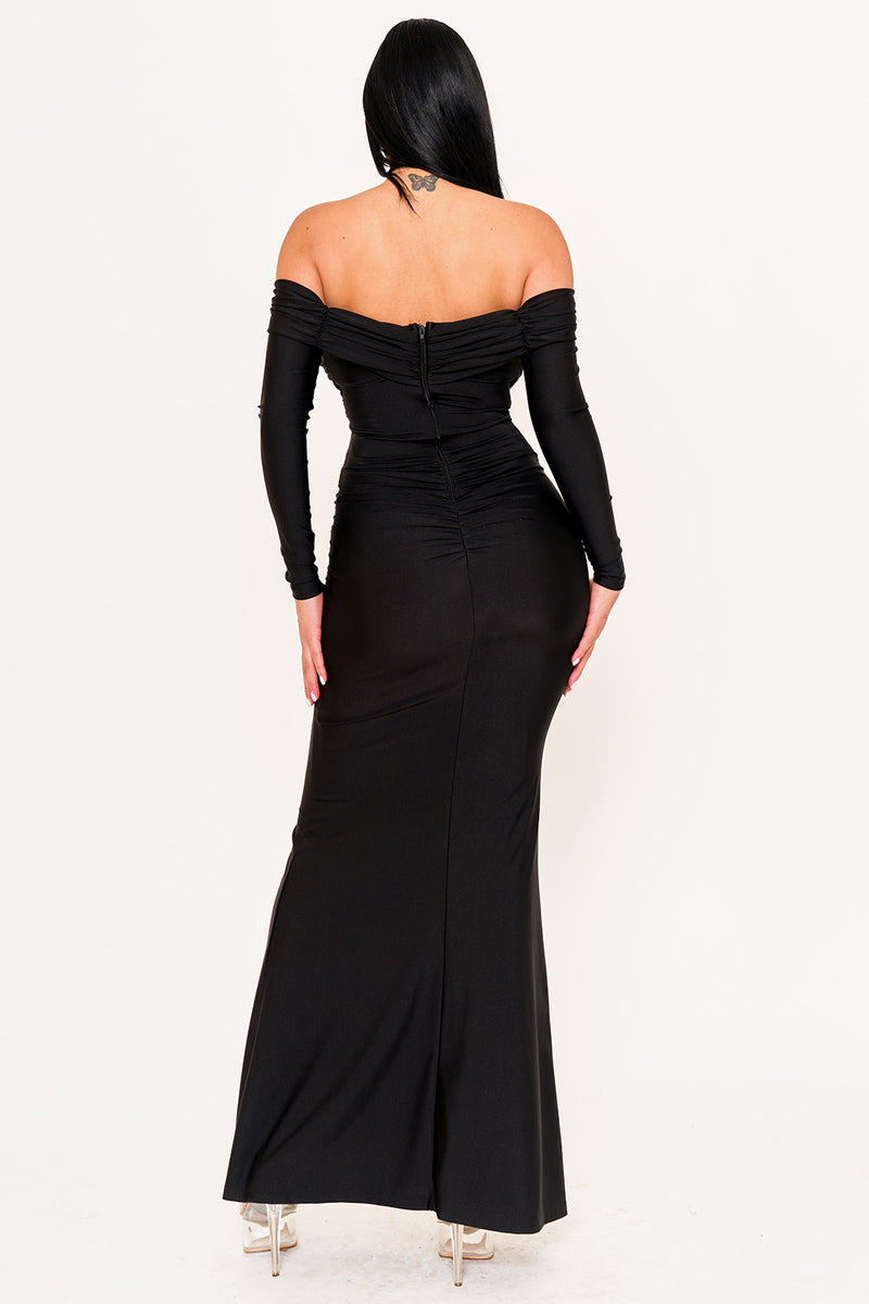 PLEATED DETAILS ON STRETCH SATIN MERMAID MAXI DRESS