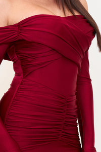 PLEATED DETAILS ON STRETCH SATIN MERMAID MAXI DRESS