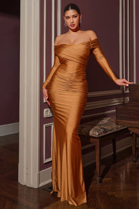 PLEATED DETAILS ON STRETCH SATIN MERMAID MAXI DRESS