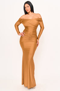 PLEATED DETAILS ON STRETCH SATIN MERMAID MAXI DRESS